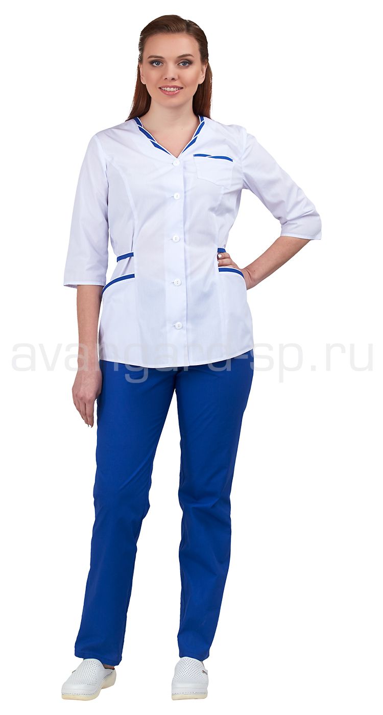 Комплект одежды жен. "Ольга" (блуза и брюки) белый+василек цена